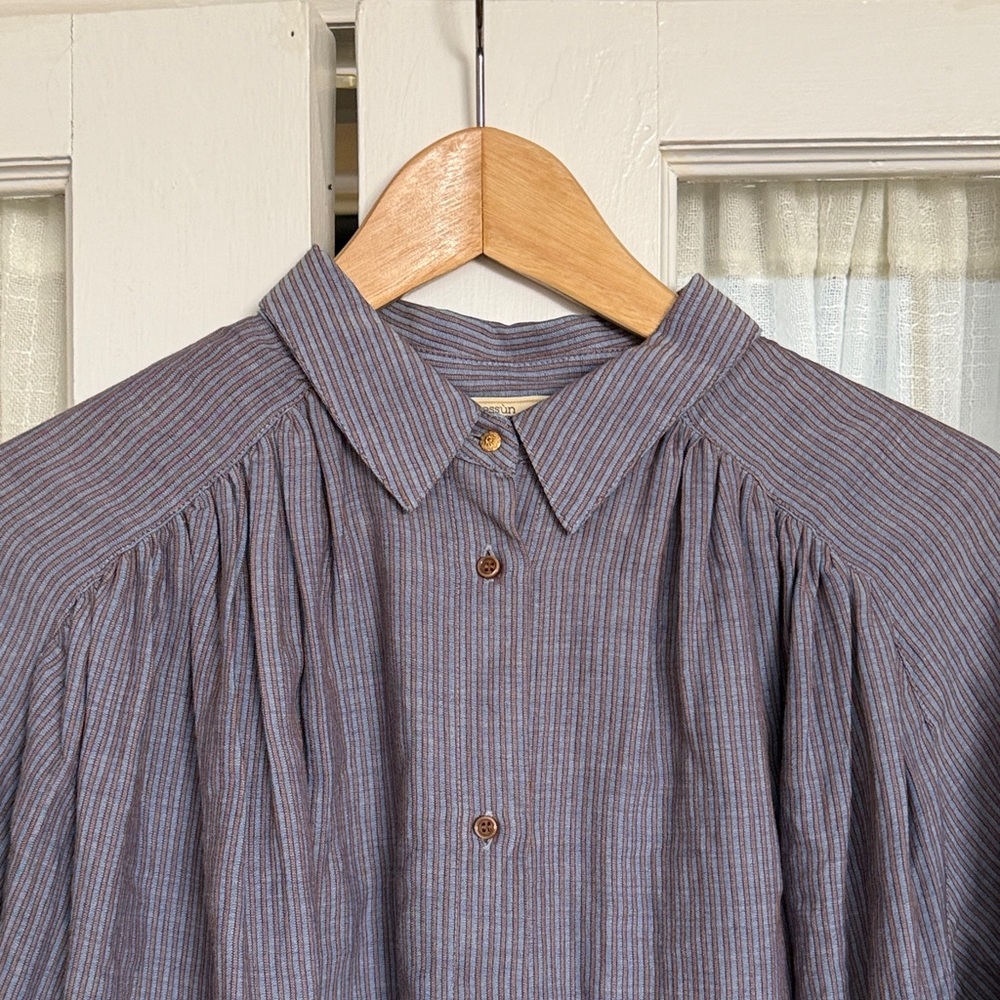 Sessùn Women's Striped Button-Down Shirt in Light Blue and Brown